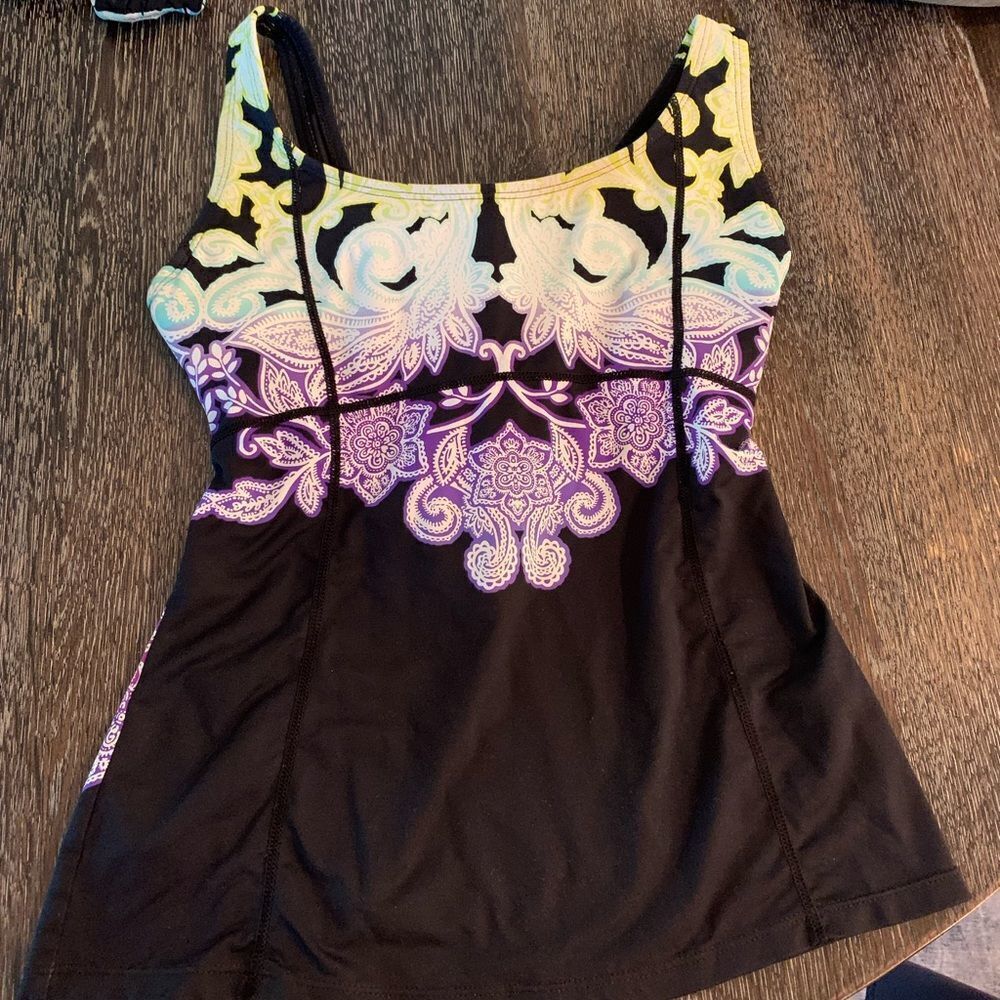 Athleta Black Scroll Print Tankini Swim Top sz S